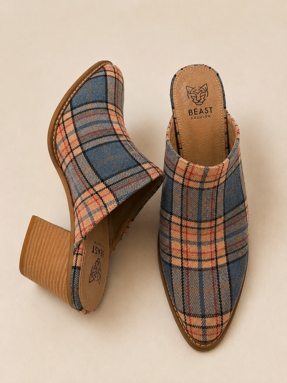 Beast Fashion Plaid Mule Heels Size 8.5 | Blue & Pink Checkered Block Heel Clogs